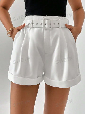 Privé High Waist Plicated Detail Roll Hem Belted Wide Leg Short