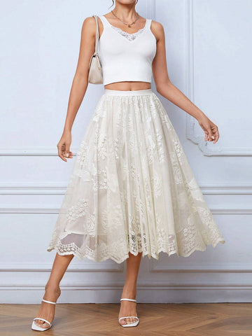 Privé High Waist Scallop Trim Lace Overlay Skirt