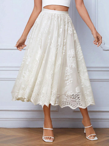 Privé High Waist Scallop Trim Lace Overlay Skirt