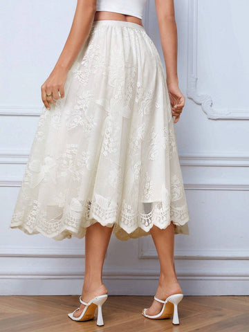 Privé High Waist Scallop Trim Lace Overlay Skirt