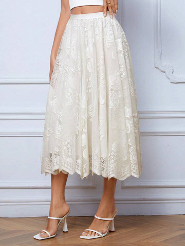 Privé High Waist Scallop Trim Lace Overlay Skirt