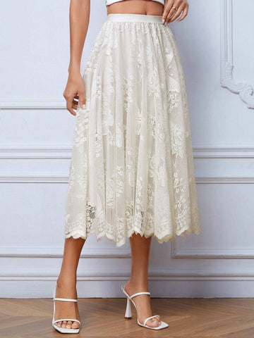 Privé High Waist Scallop Trim Lace Overlay Skirt
