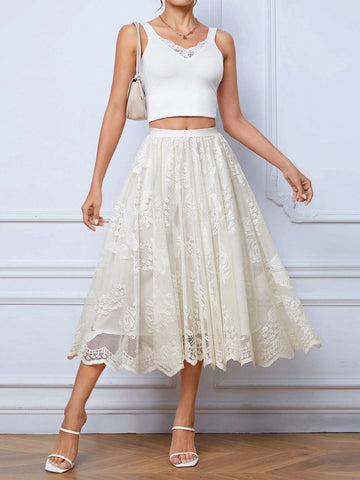 Privé High Waist Scallop Trim Lace Overlay Skirt