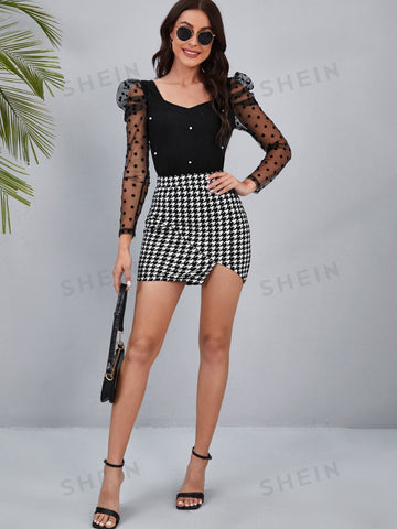 Privé Houndstooth Print Asymmetric Hem Skirt