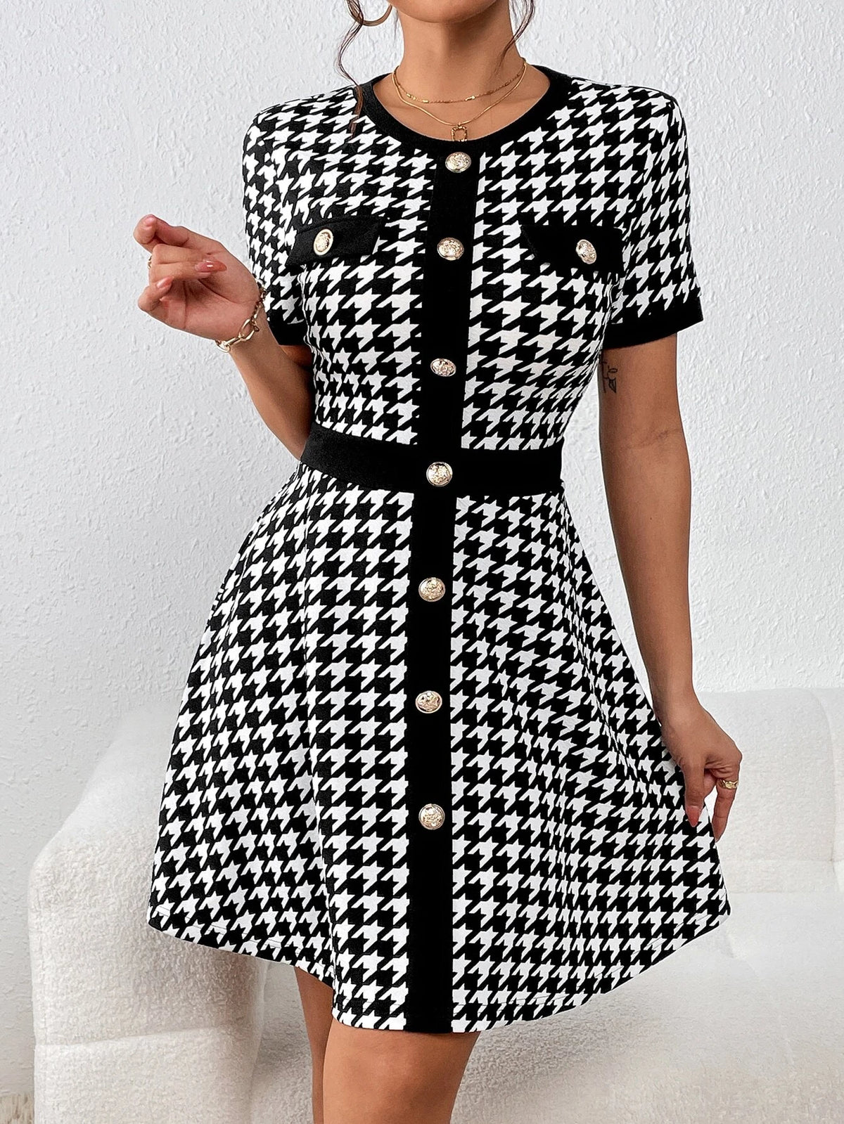 Houndstooth Print Button Front Dress