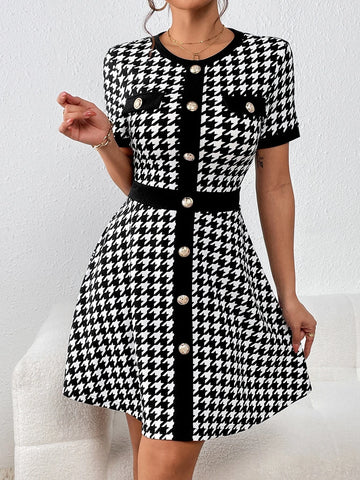 Houndstooth Print Button Front Dress