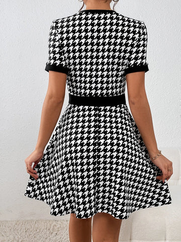 Houndstooth Print Button Front Dress