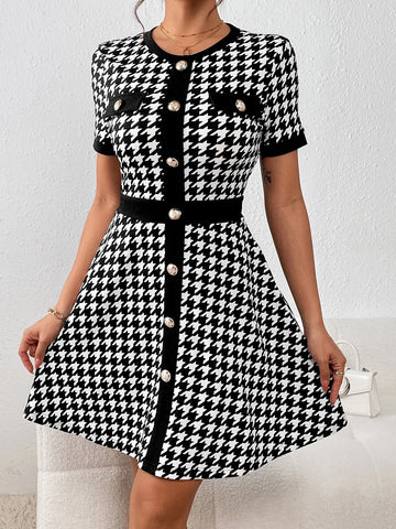 Houndstooth Print Button Front Dress