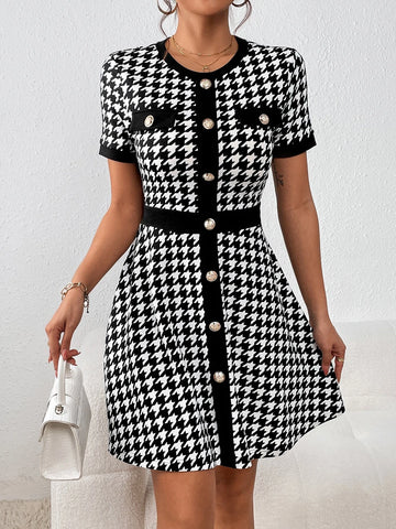 Houndstooth Print Button Front Dress