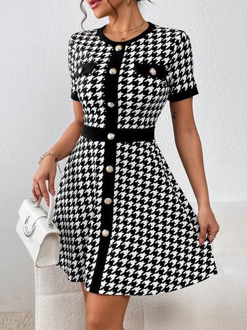 Houndstooth Print Button Front Dress