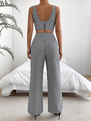 Houndstooth Print Tank Top & Wide Leg Pants