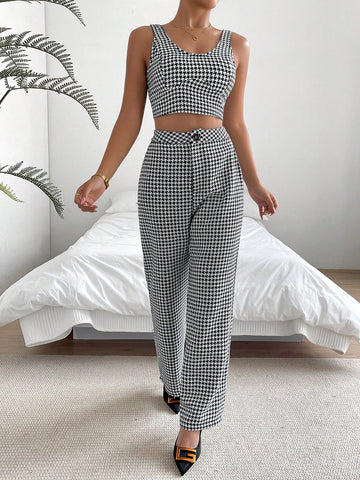 Houndstooth Print Tank Top & Wide Leg Pants