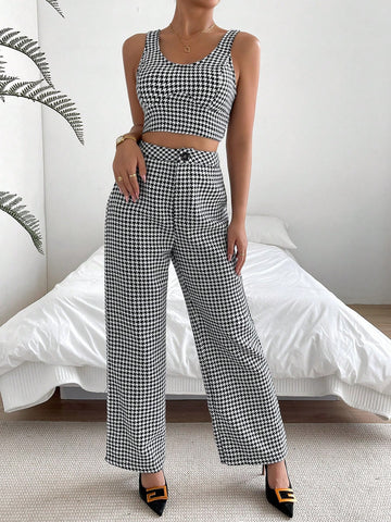 Houndstooth Print Tank Top & Wide Leg Pants