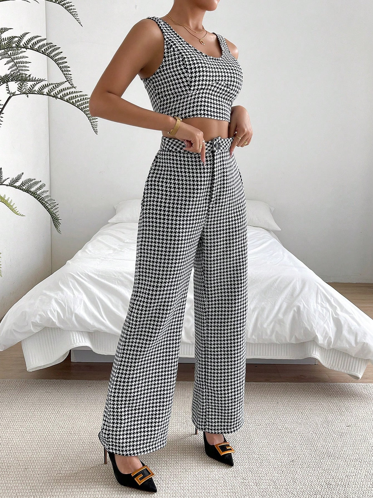 Houndstooth Print Tank Top & Wide Leg Pants