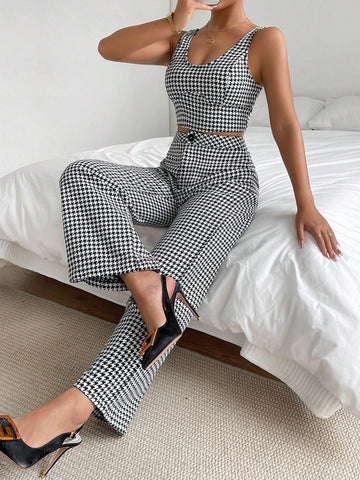 Houndstooth Print Tank Top & Wide Leg Pants