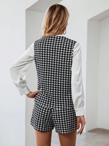 Houndstooth Print Vest Jacket & Shorts Without Blouse