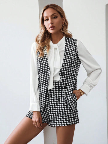 Houndstooth Print Vest Jacket & Shorts Without Blouse