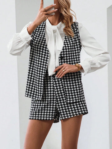 Houndstooth Print Vest Jacket & Shorts Without Blouse