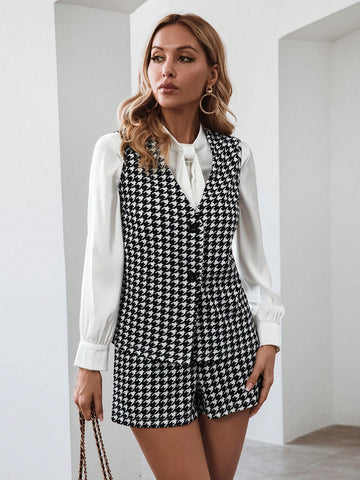 Houndstooth Print Vest Jacket & Shorts Without Blouse