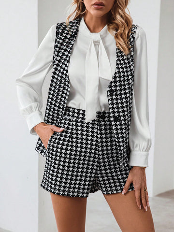 Houndstooth Print Vest Jacket & Shorts Without Blouse