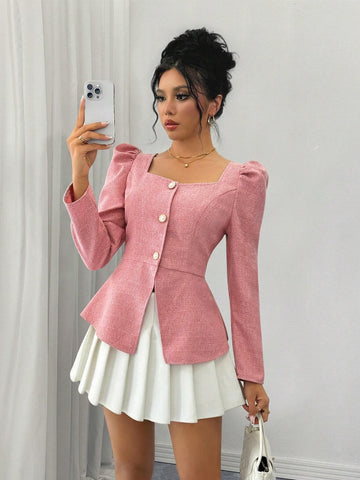 Privé Knitted Fabric Open Front Collared Puff Sleeve Elegant Long Sleeve Women Blouse