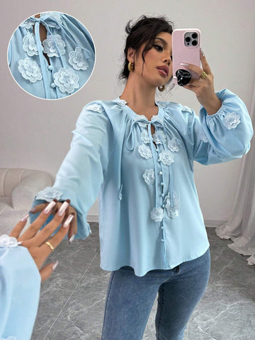 Floral Tie Front Lantern Sleeve Shirt For Women, Loose Fit Versatile Blouse For Autumn