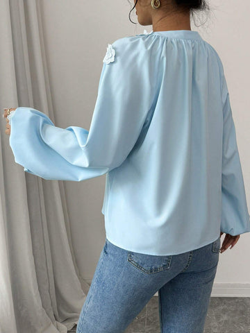 Floral Tie Front Lantern Sleeve Shirt For Women, Loose Fit Versatile Blouse For Autumn