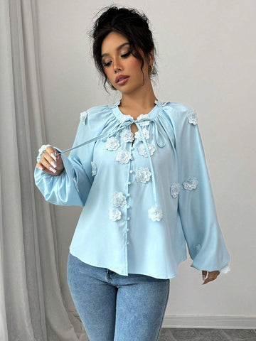 Floral Tie Front Lantern Sleeve Shirt For Women, Loose Fit Versatile Blouse For Autumn