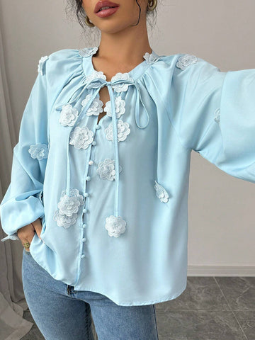 Floral Tie Front Lantern Sleeve Shirt For Women, Loose Fit Versatile Blouse For Autumn