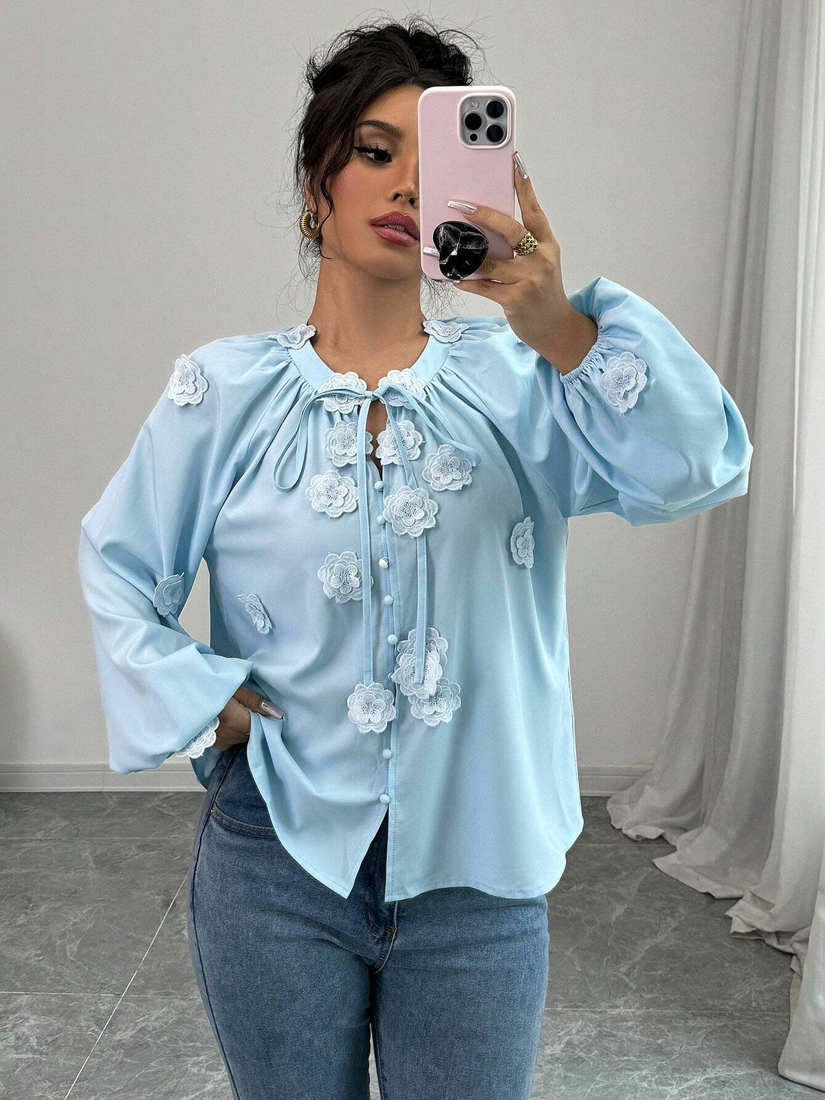 Floral Tie Front Lantern Sleeve Shirt For Women, Loose Fit Versatile Blouse For Autumn