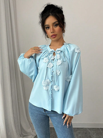 Floral Tie Front Lantern Sleeve Shirt For Women, Loose Fit Versatile Blouse For Autumn