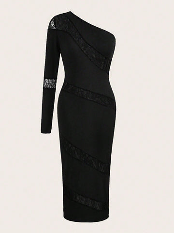 Lace Insert One Shoulder Long Sleeve Dress