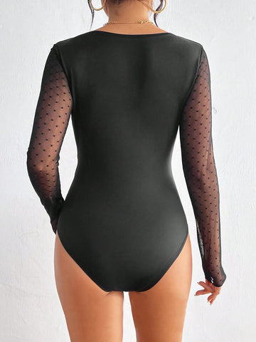 Lace Panel Sheer Sleeve Bodycon Bodysuit For Valentine'S Day, Dating And Parties