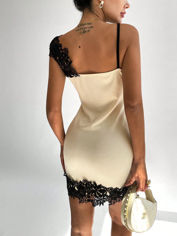 Lace Patchwork Colorblock Bodycon Short Dress With Spaghetti Straps, Suitable For Weddings, Music Festivals, Dating, Vacation, And Parties