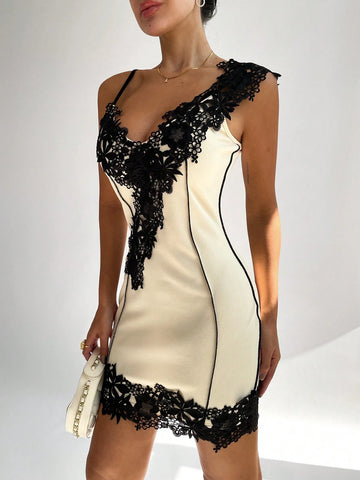 Lace Patchwork Colorblock Bodycon Short Dress With Spaghetti Straps, Suitable For Weddings, Music Festivals, Dating, Vacation, And Parties