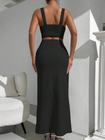 Lace Spliced Chest Cup Strap Irregular Waist High Slit Skirt Summer Two Piece Set