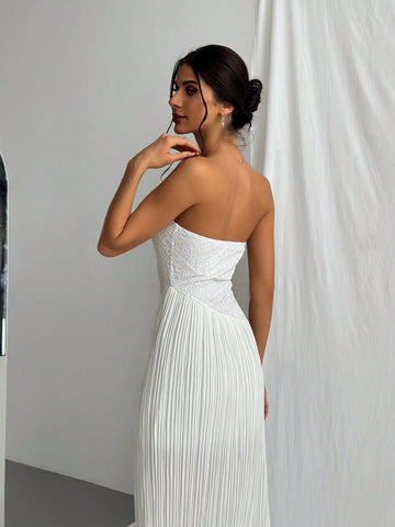 Lace Splicing Pleated Fabric Strapless Dress