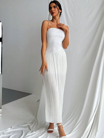 Lace Splicing Pleated Fabric Strapless Dress