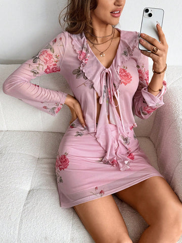 Ladies' 2pcs Floral Print Ruffle Hem Tie Front Top And Skirt Set