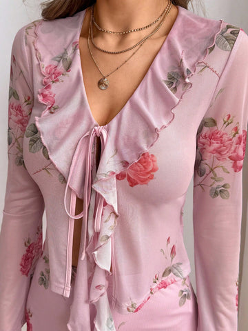 Ladies' 2pcs Floral Print Ruffle Hem Tie Front Top And Skirt Set