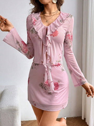 Ladies' 2pcs Floral Print Ruffle Hem Tie Front Top And Skirt Set