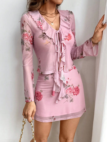 Ladies' 2pcs Floral Print Ruffle Hem Tie Front Top And Skirt Set