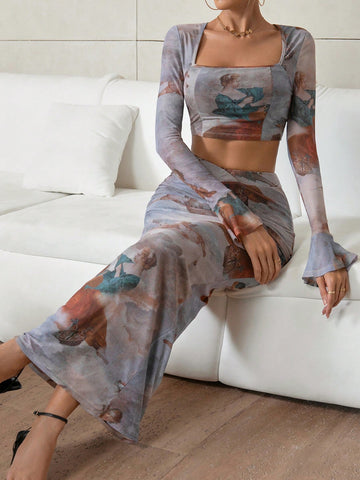 Ladies And Kids' Printed Crop Top & Mini Skirt Set