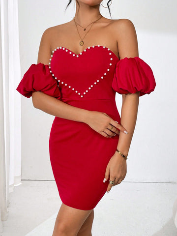 Ladies' Bodycon One Shoulder Dress With Beaded Heart Detail