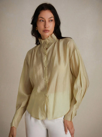 Privé Ladies' Casual Solid Color Pleated Stand Collar Long Sleeve Shirt