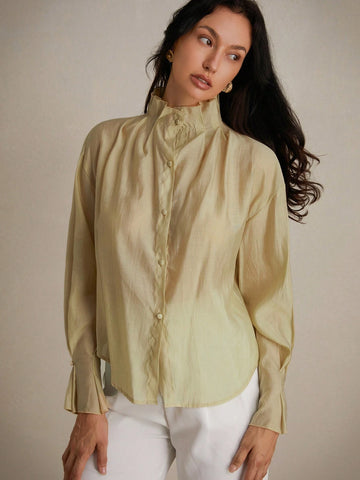 Privé Ladies' Casual Solid Color Pleated Stand Collar Long Sleeve Shirt
