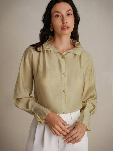 Privé Ladies' Casual Solid Color Pleated Stand Collar Long Sleeve Shirt