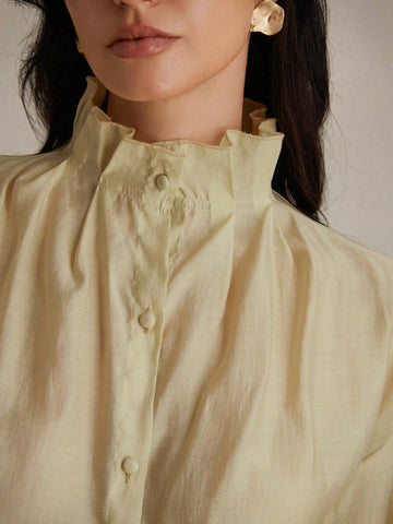 Privé Ladies' Casual Solid Color Pleated Stand Collar Long Sleeve Shirt