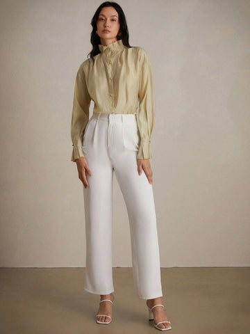 Privé Ladies' Casual Solid Color Pleated Stand Collar Long Sleeve Shirt