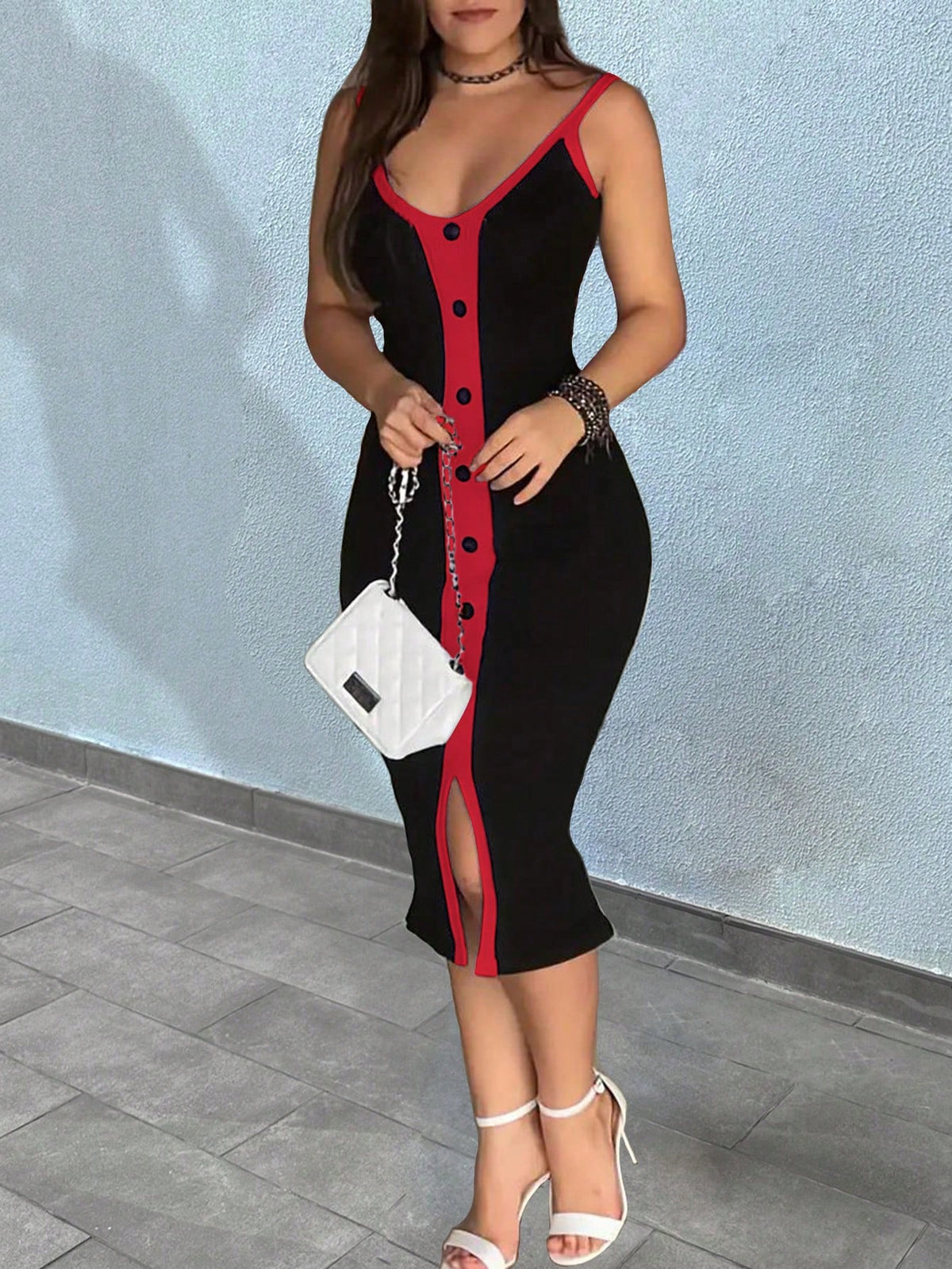 Ladies' Color Blocking Side Split Hem Slip Dress With Spaghetti Straps